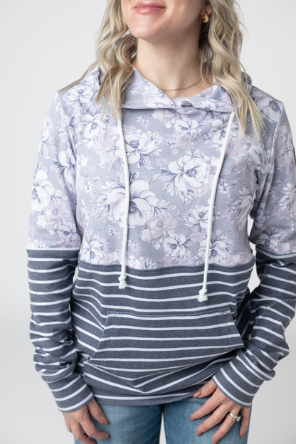 IN STOCK Hailey Pullover Hoodie - Vintage Grey Floral and Stripes FINAL SALE