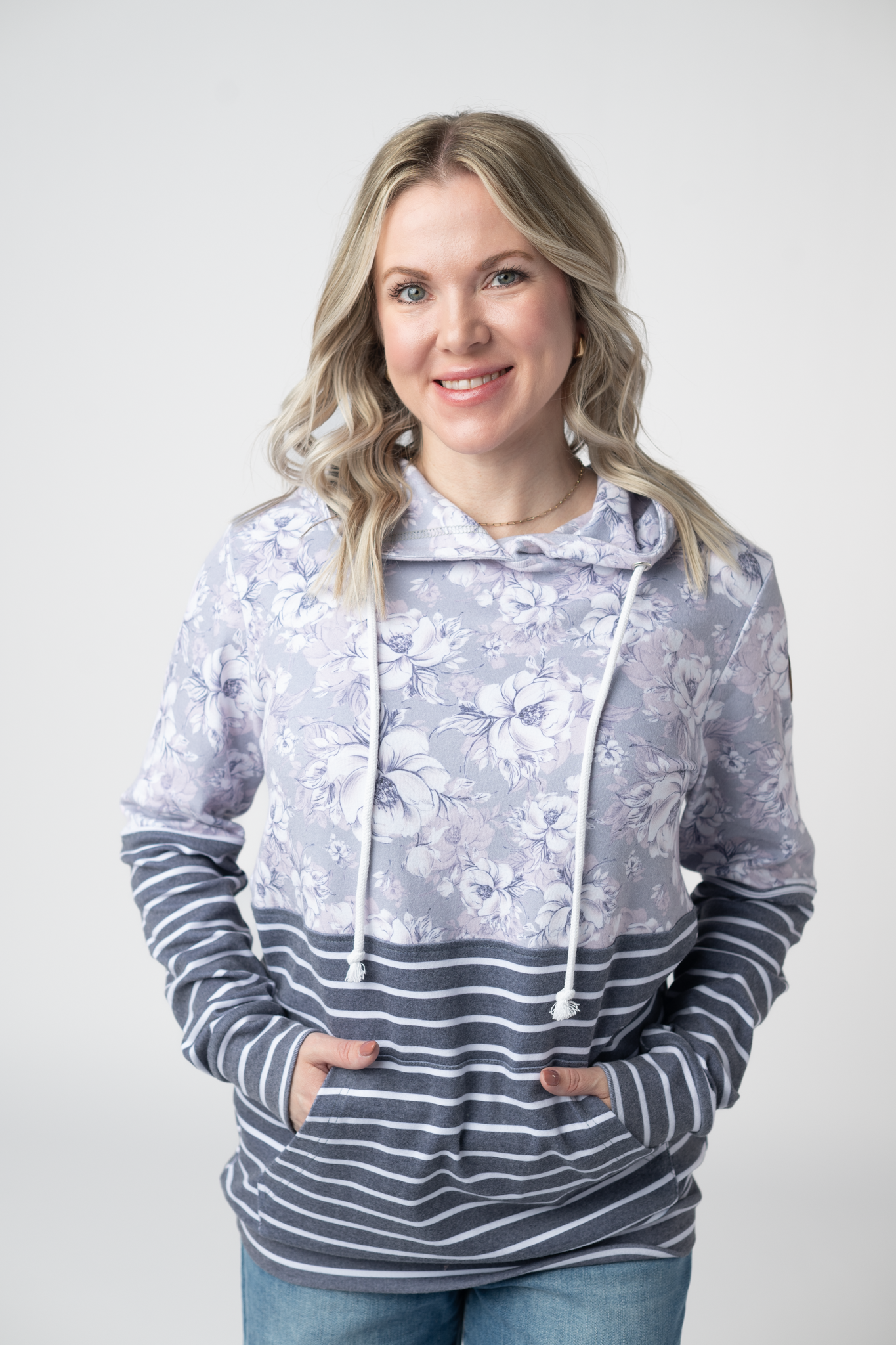 IN STOCK Hailey Pullover Hoodie - Vintage Grey Floral and Stripes FINAL SALE