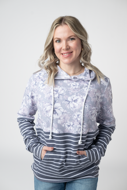 IN STOCK Hailey Pullover Hoodie - Vintage Grey Floral and Stripes FINAL SALE
