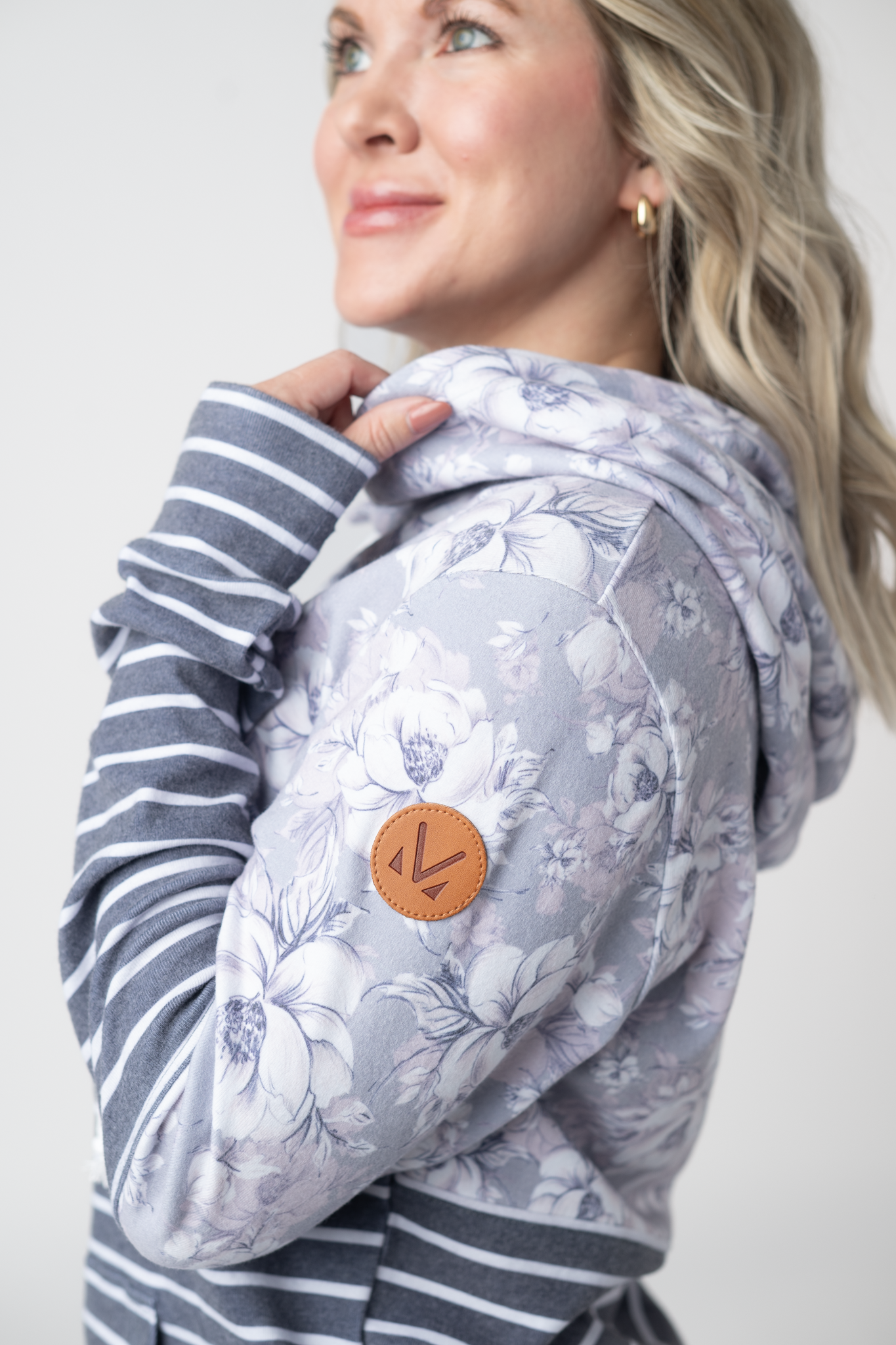 IN STOCK Hailey Pullover Hoodie - Vintage Grey Floral and Stripes FINAL SALE