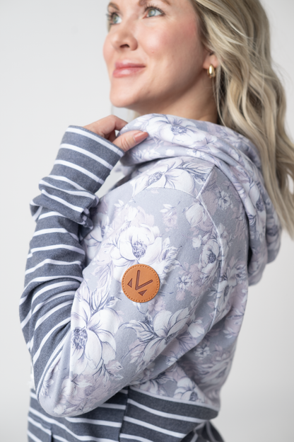 IN STOCK Hailey Pullover Hoodie - Vintage Grey Floral and Stripes FINAL SALE