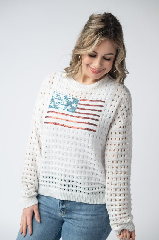 IN STOCK USA Sequin Flag Open Knit Pullover (Copy)