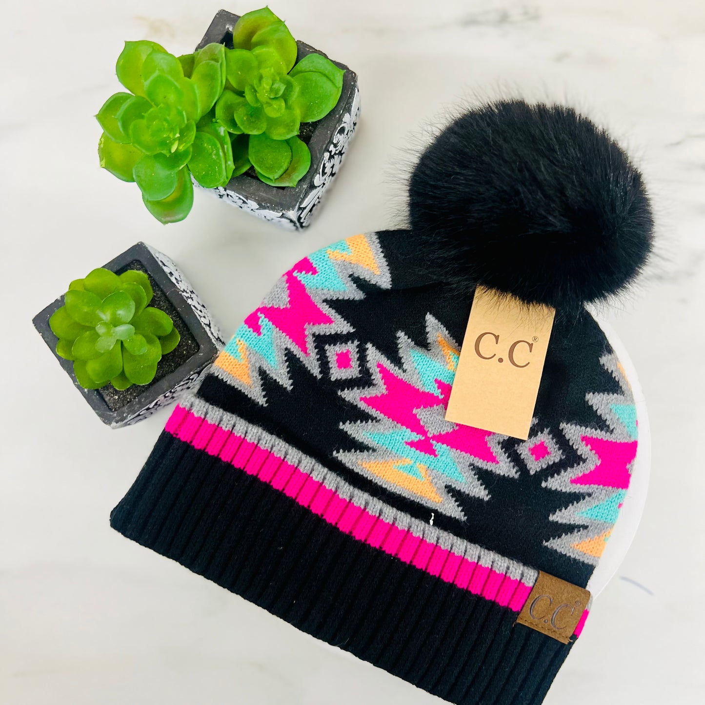 Southwestern Faux Fur Pom C.C Beanie HTE0030