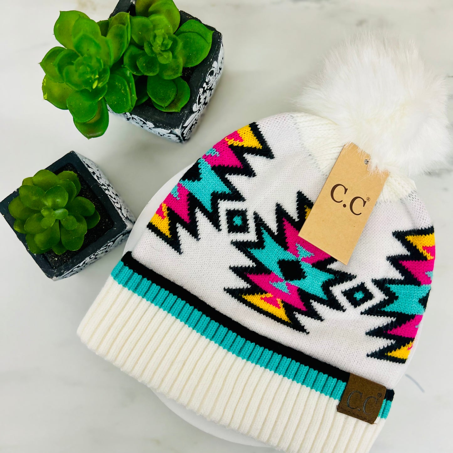 Southwestern Faux Fur Pom C.C Beanie HTE0030