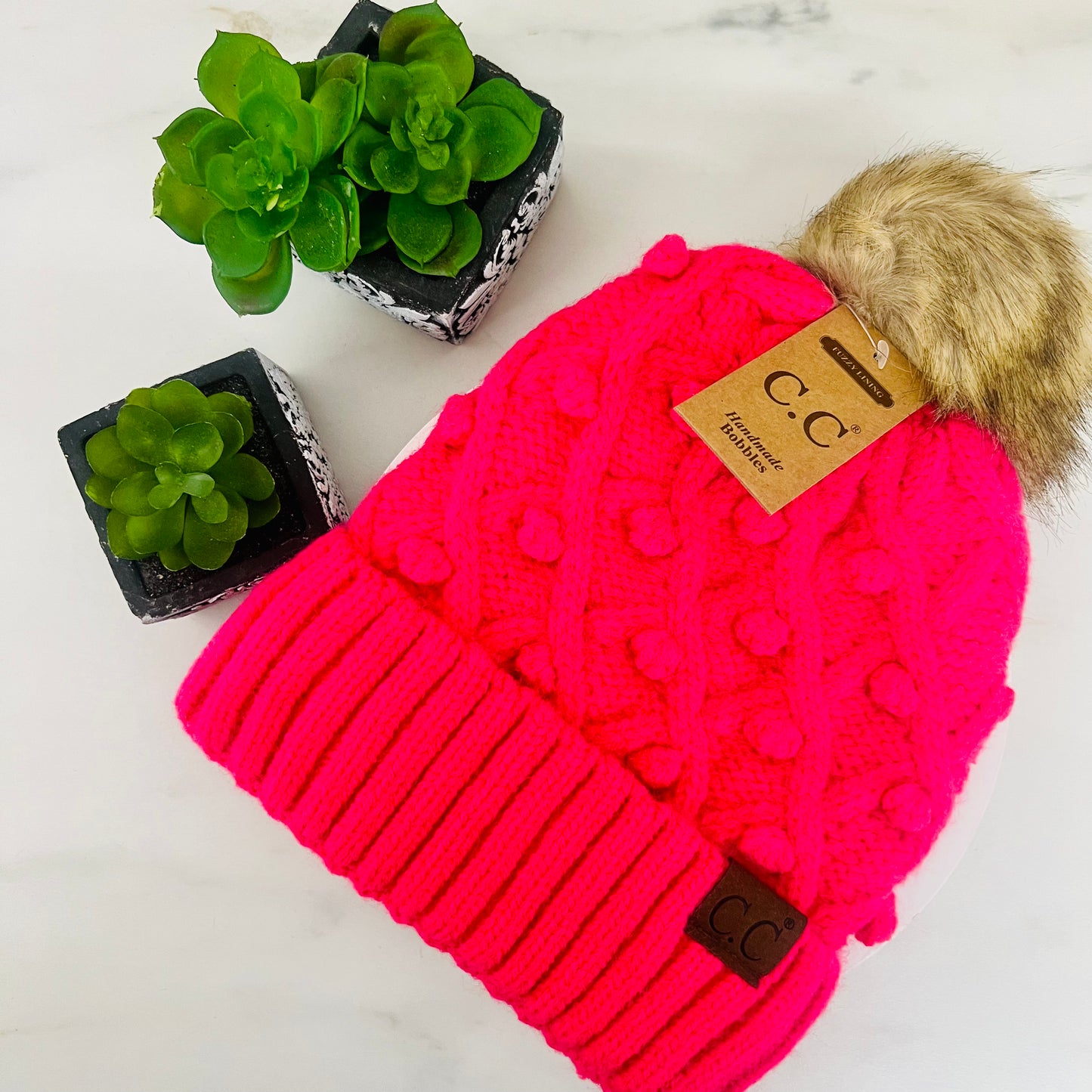Bobble Knit Fur Pom C.C Beanie HAT3836