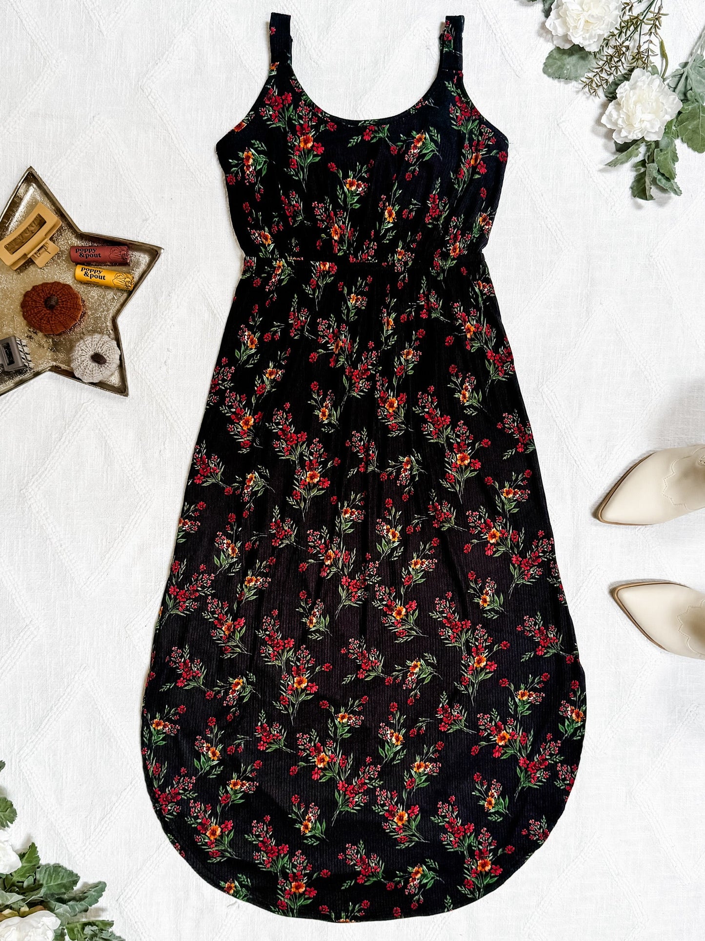 IN STOCK Reagan Ribbed Midi Dress - Black Floral FINAL SALE