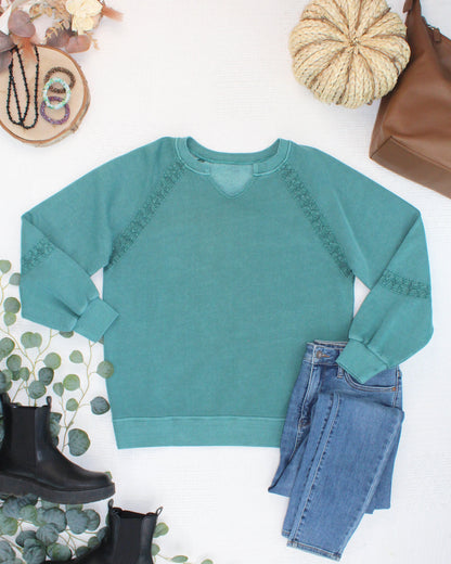 IN STOCK Lace Accent Vintage Wash Pullover - Teal