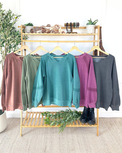 IN STOCK Lace Accent Vintage Wash Pullover - Purple