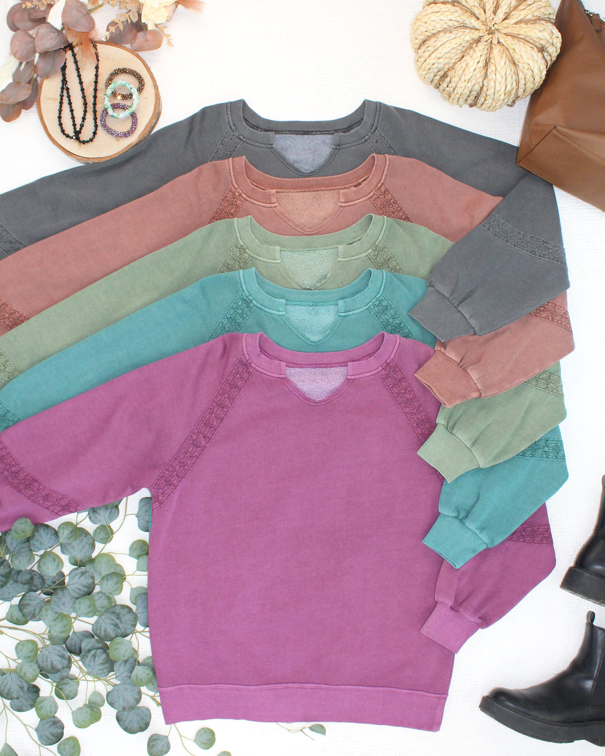 IN STOCK Lace Accent Vintage Wash Pullover - Olive