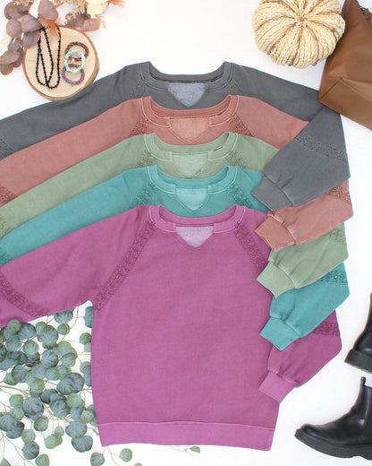 IN STOCK Lace Accent Vintage Wash Pullover - Purple