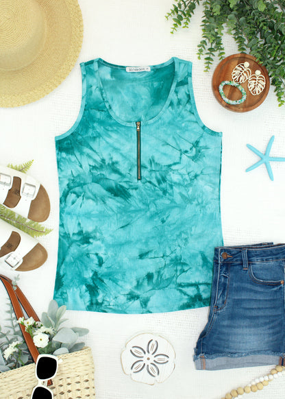 IN STOCK Mila Zipper Tank - Teal Tie Dye FINAL SALE