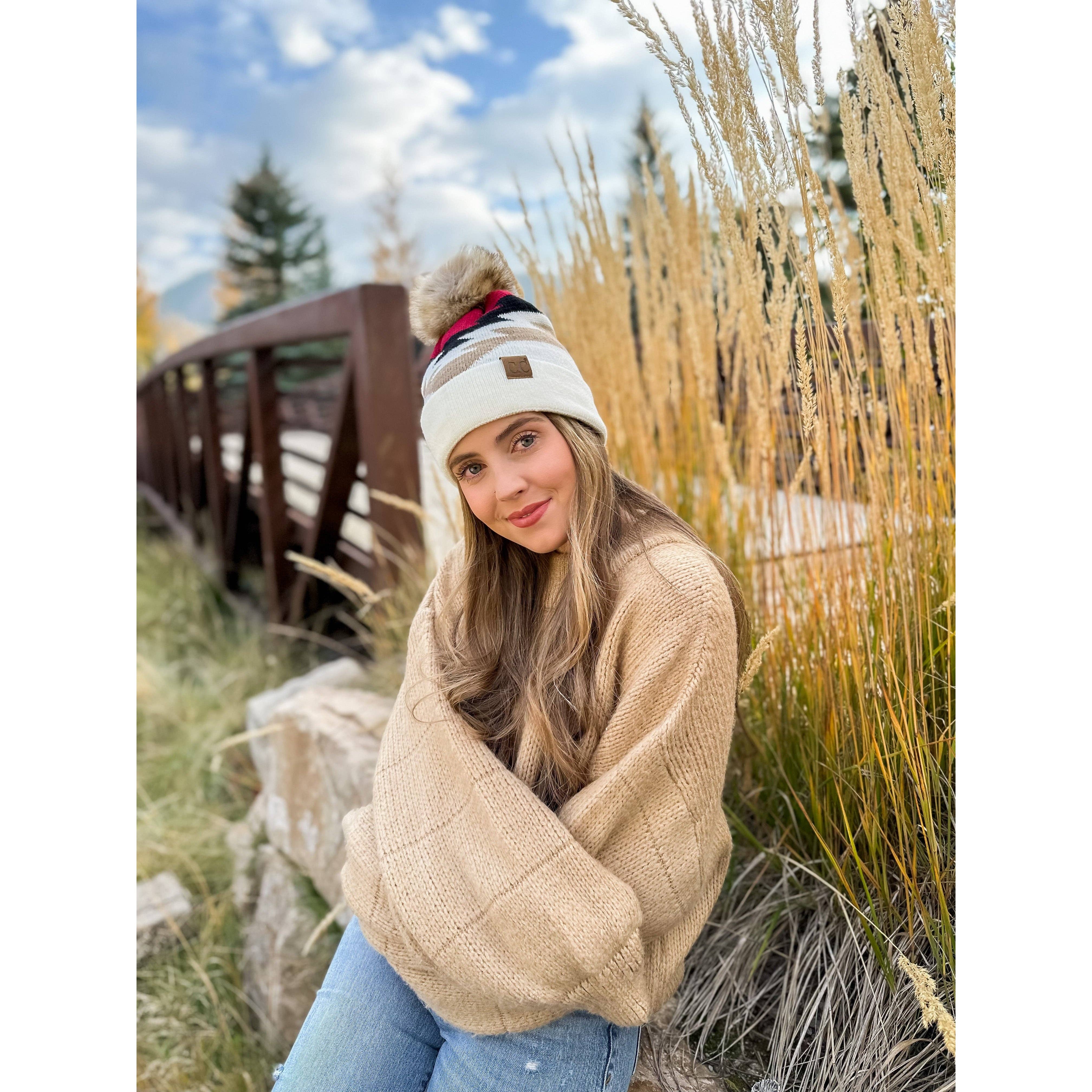 Aztec Natural Faux Fur Pom C.C Beanie YJ1000 - Holden Hearts