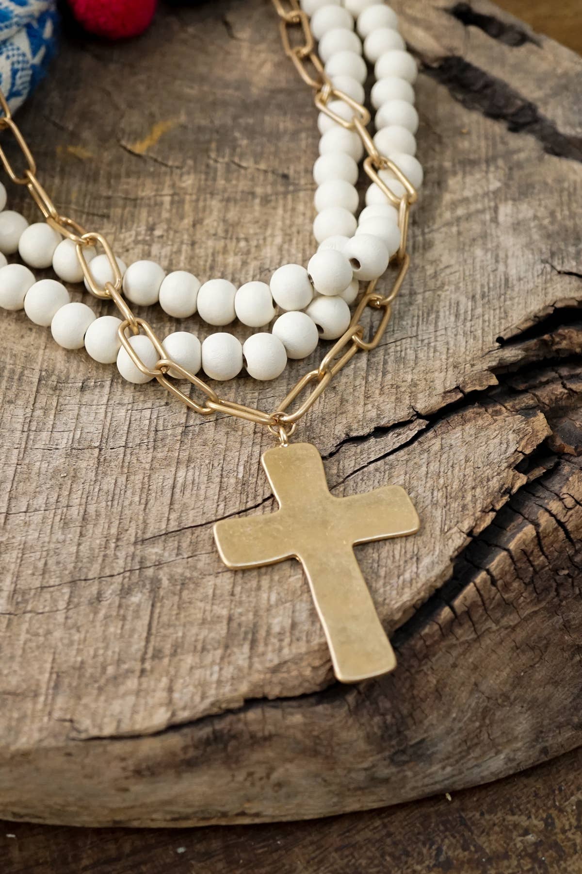 Multi Strand Wood Beads Short Statement Cross Necklace Cream - Holden Hearts