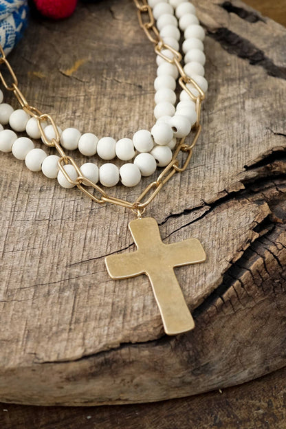 Multi Strand Wood Beads Short Statement Cross Necklace Cream - Holden Hearts