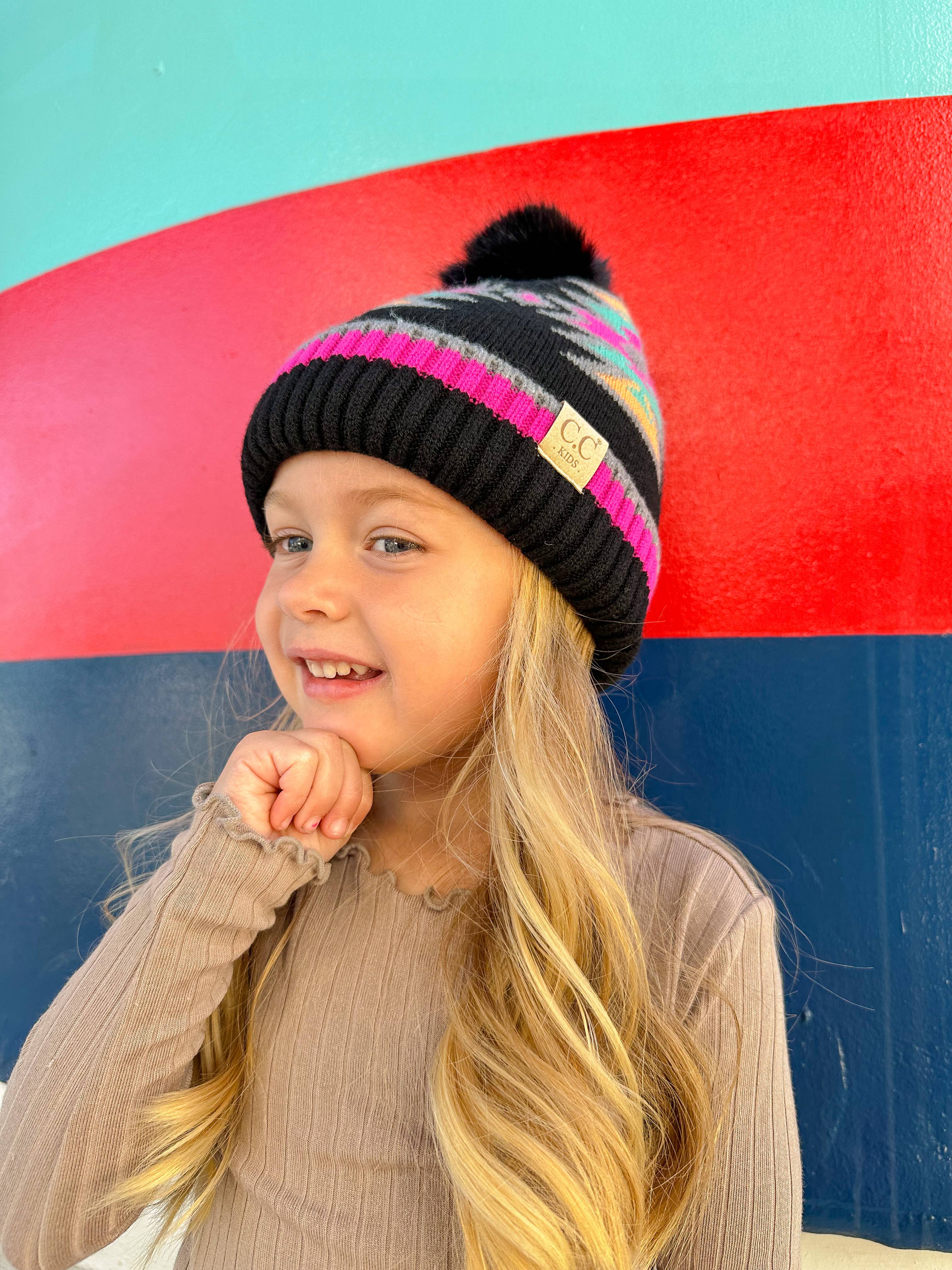 Kids' Southwestern C.C Beanie with Faux Fur Pom - Holden Hearts