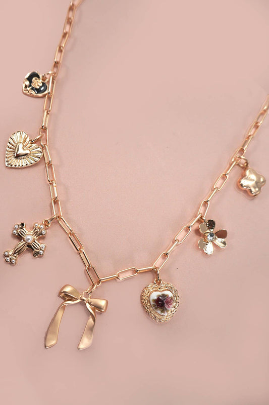 CHARM NECKLACE-PORCELAIN FLORAL BOW CROSS HEART | 80N92151
