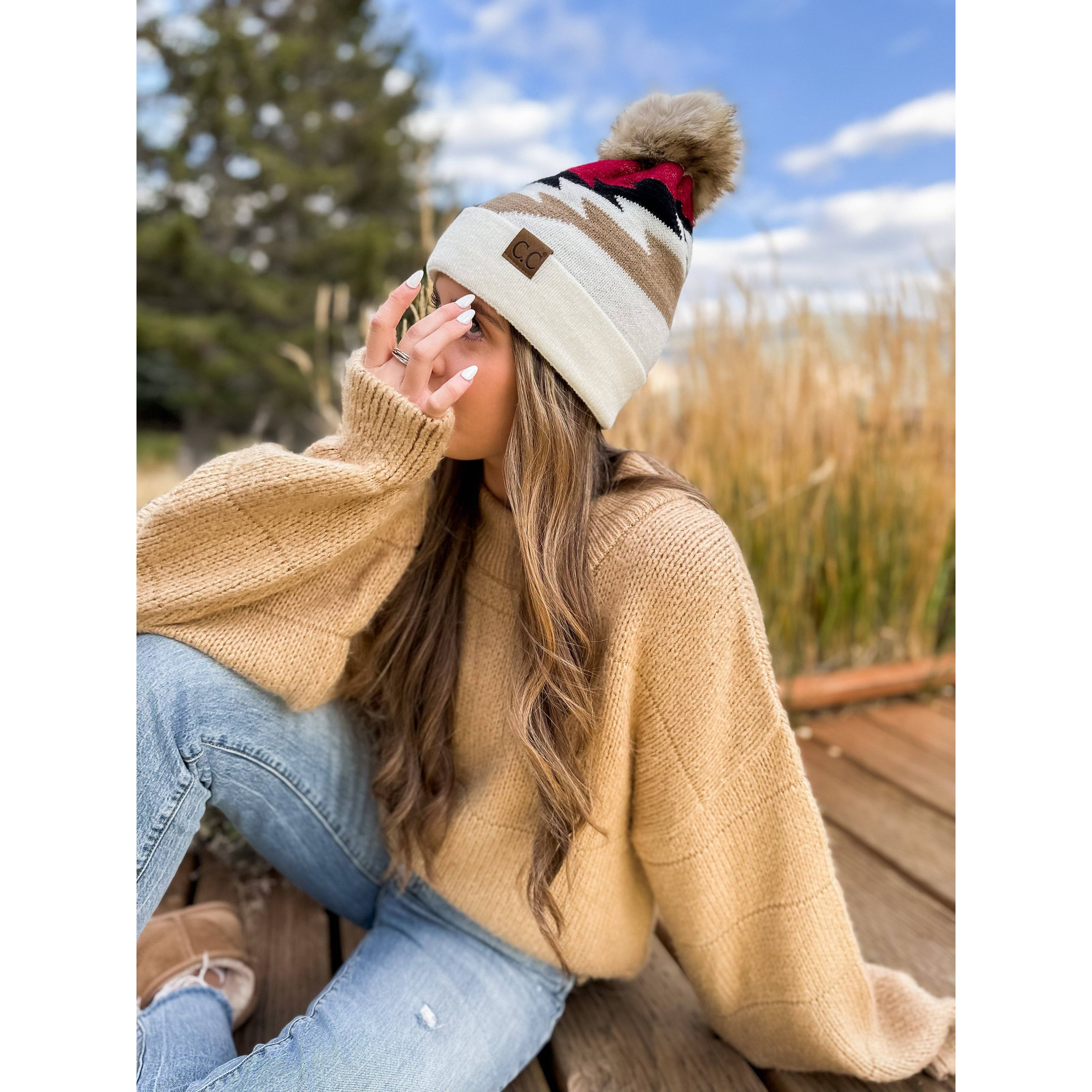 Aztec Natural Faux Fur Pom C.C Beanie YJ1000 - Holden Hearts