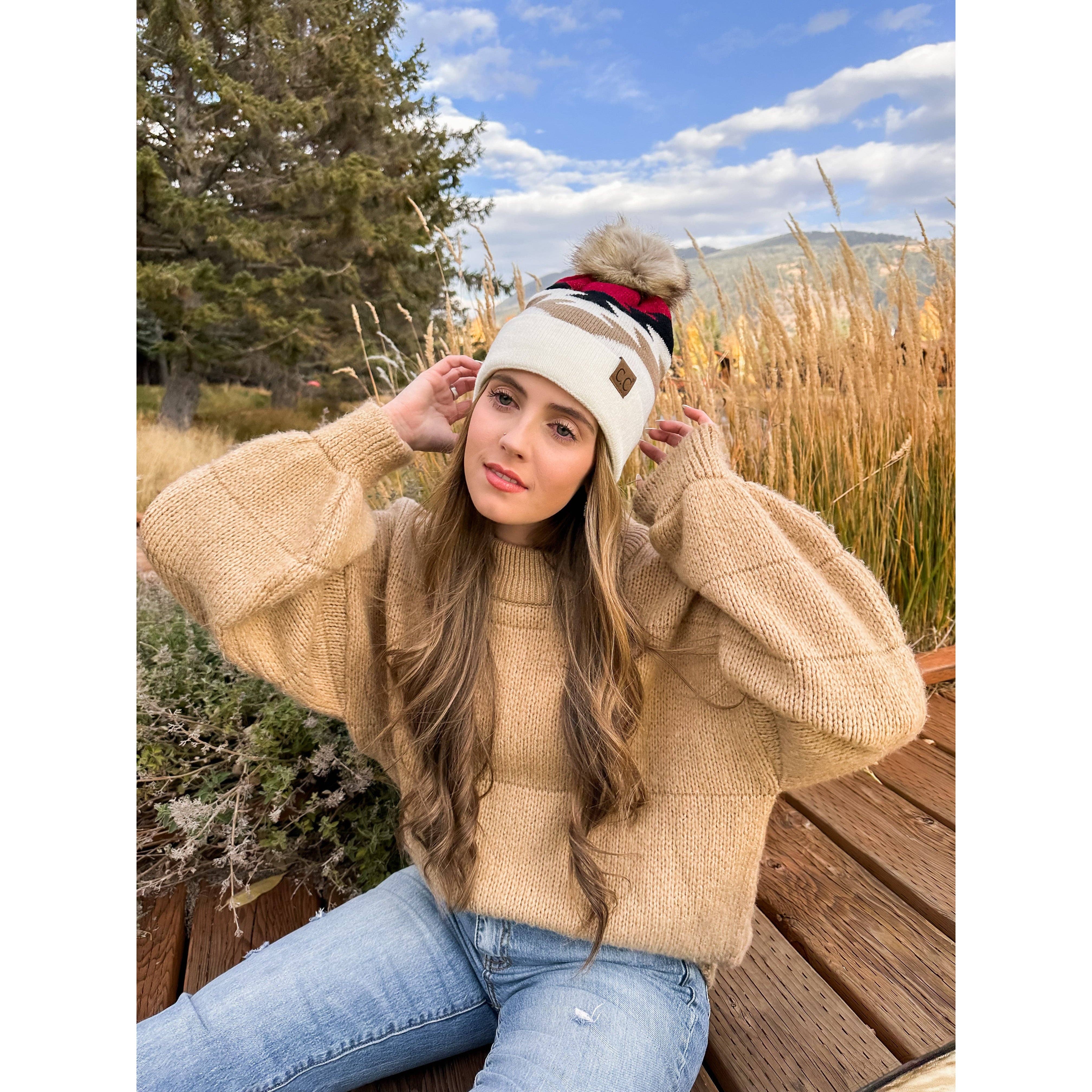 Aztec Natural Faux Fur Pom C.C Beanie YJ1000 - Holden Hearts
