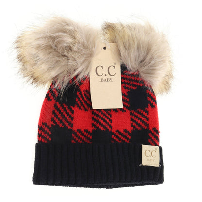 C.C BABY Buffalo Check Double Pom Newborn Hat