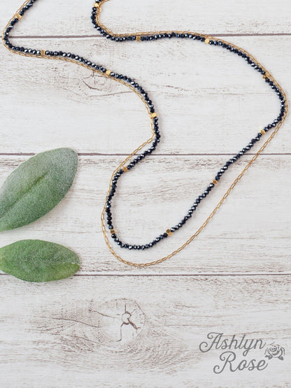 Glitz, Glam, Simple Strands Double Beaded Navy Blue Necklace with A Gold Chain - Holden Hearts