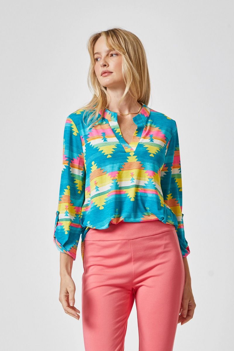 Teal Aztec Lizzy 3/4 Sleeve Top - Holden Hearts