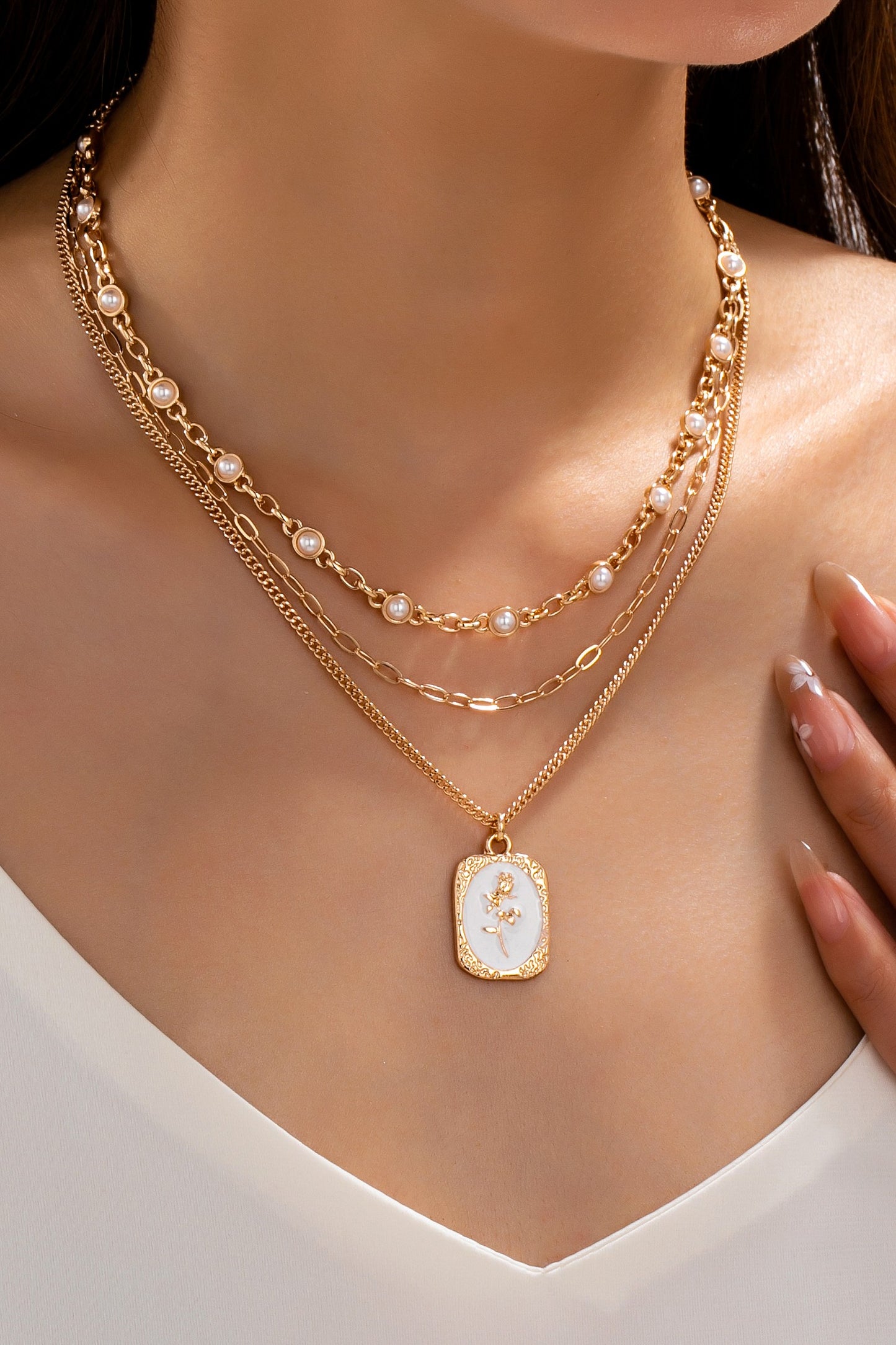 Layered Enamel Pearl & Rose Tag Pendant Necklace